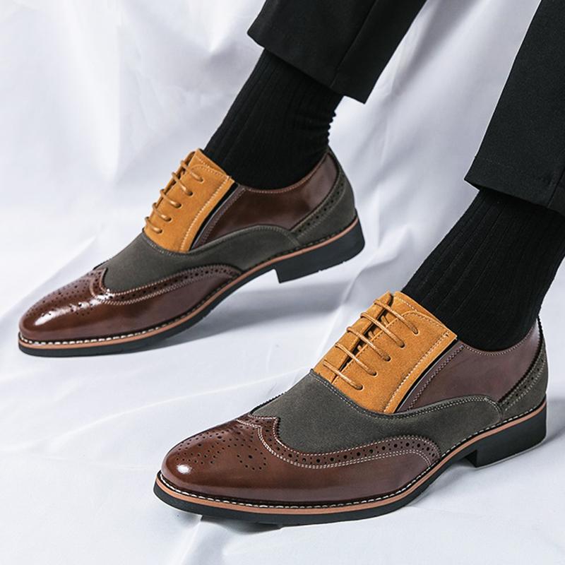 New Brown Pointed Mixed Colors Patchwork Casual Oxford Shoes For Men Formal Wedding Dress Homecoming Sapato Social Masculino
