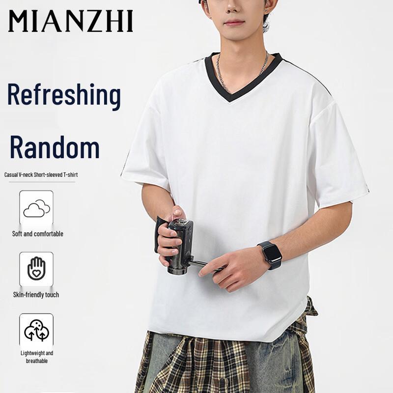 MianZhi Men s V-Neck Striped Short Sleeve T-Shirt 2XL