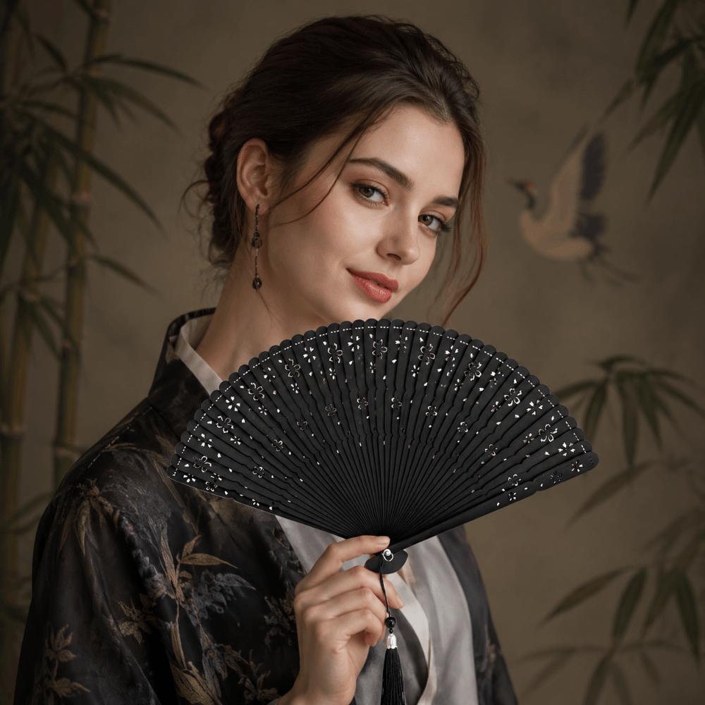 Portable Folding Bamboo Fan Solid Color Elegant Handheld Fans Tassel Folding Fan  Home Decoration