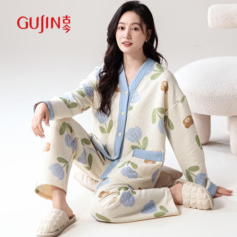 GUJIN Women s Thickened Air Cotton Padded Sleepwear Set L