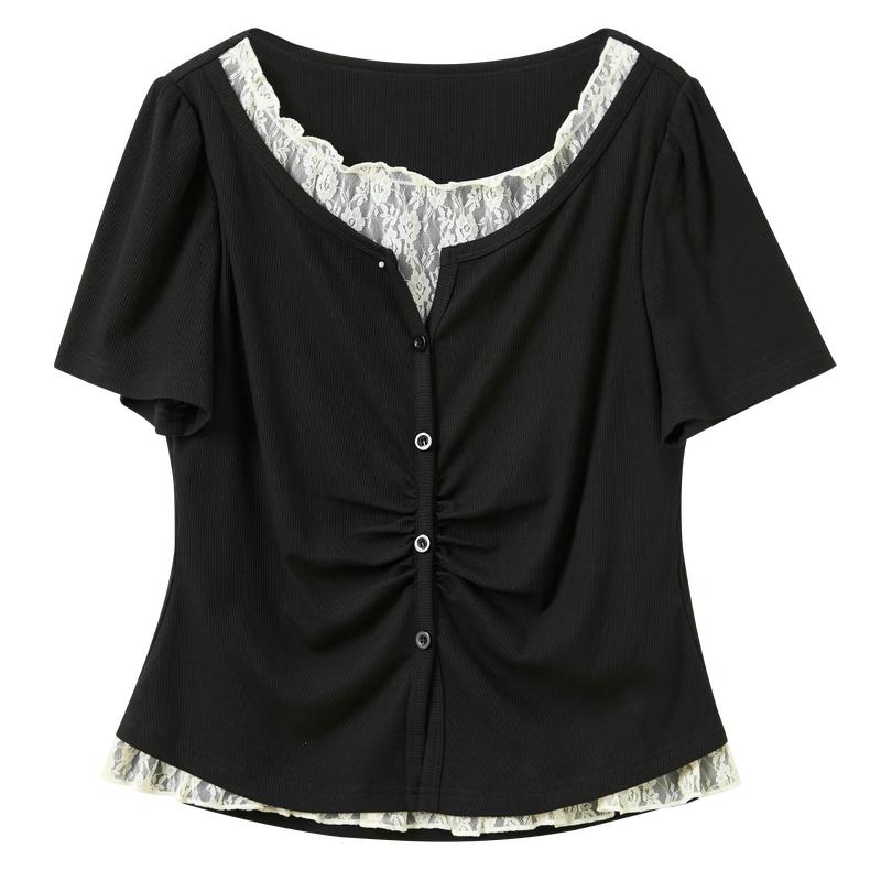 Sancai Plus Size Faux Two-Piece Lace Trim Round Neck Short Sleeve T-Shirt XXXL