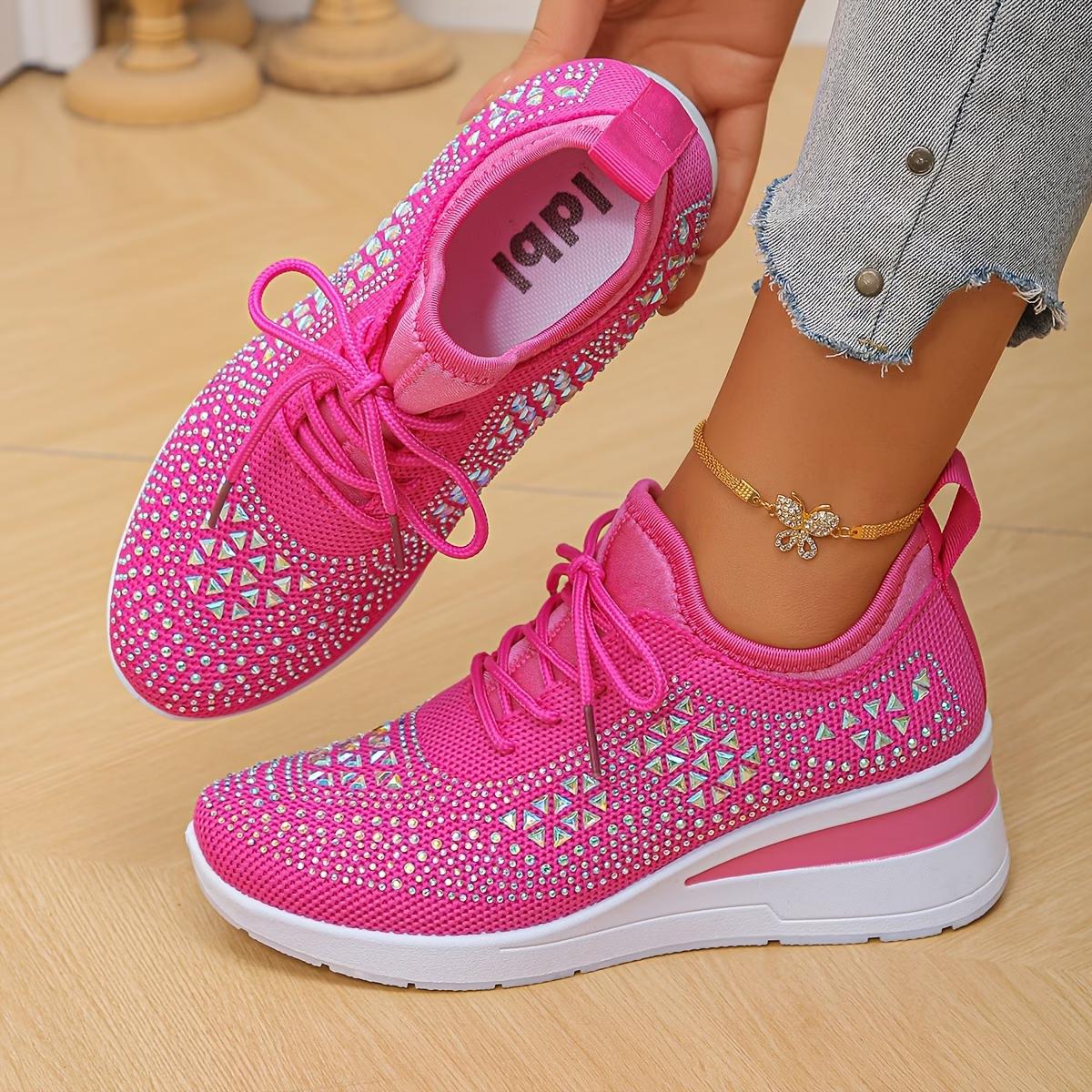 

Женские блестящие кроссовки на толстой подошве со стразами - Дышащая трикотажная ткань, Нескользящие модные кроссовки на шнуровке, Повседневная удобная обувь 36 розы красного