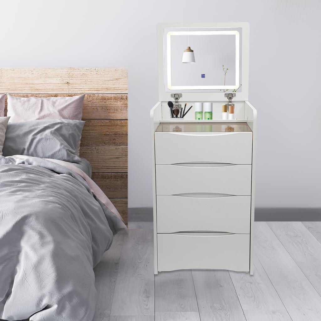 Γραφείο Κονσόλας με Αναδιπλούμενο Καπάκι και Καθρέφτη με Φωτισμό LED, Φωτισμός 3 Χρωμάτων Ρυθμιζόμενης Έντασης, Μεγάλα Συρτάρια Αποθήκευσης, Τουαλέτα Μακιγιάζ με Σκαμπό