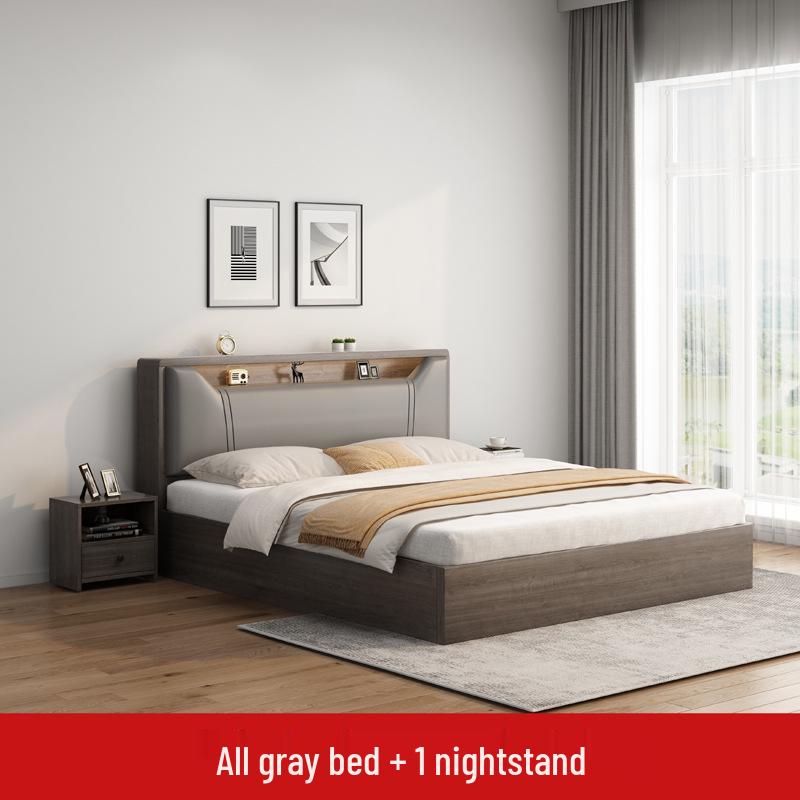Modern Minimalist Solid Wood Panel Bed - Double (1.8m) or Single (1.2m) for Master Bedroom or Rental Room