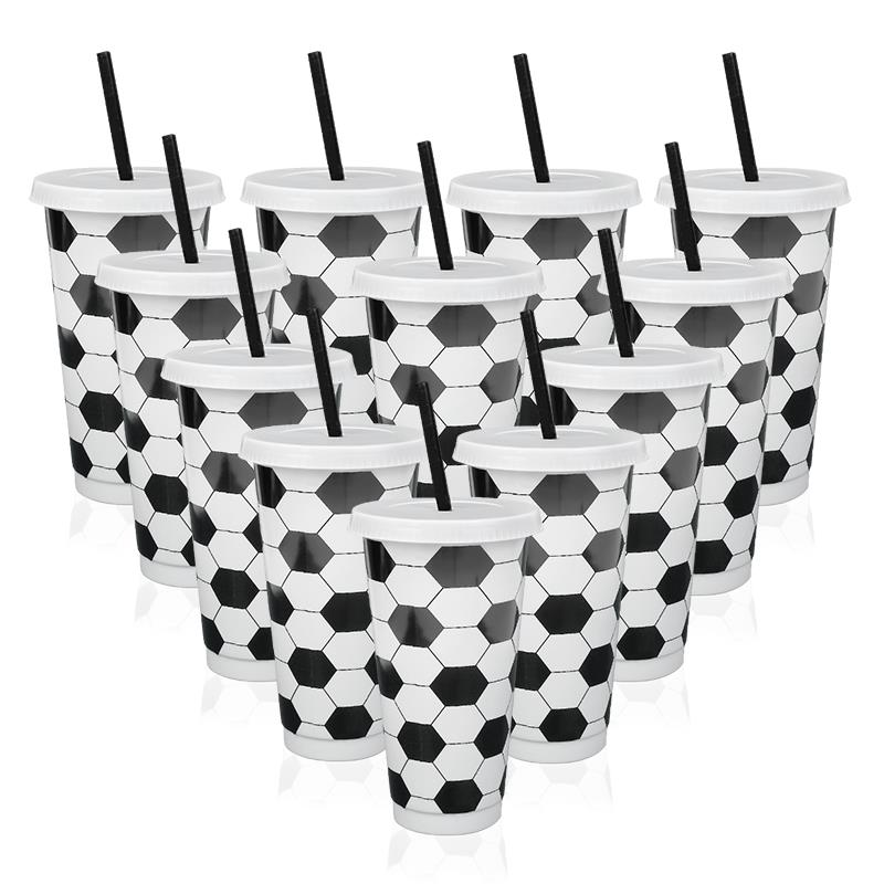 6/12pcs Reusable Plastic Soccer Cups with Lid Straws Kids Football Party Favors Sports Themed Birthday Decoration Supplies Gifts