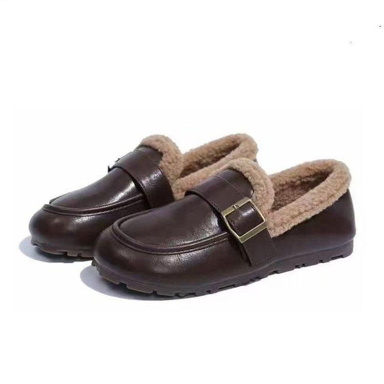 Mao Mao shoes winter Birkenstocks flat-soled soft-soled leather-faced piled beanie shoes cotton shoes