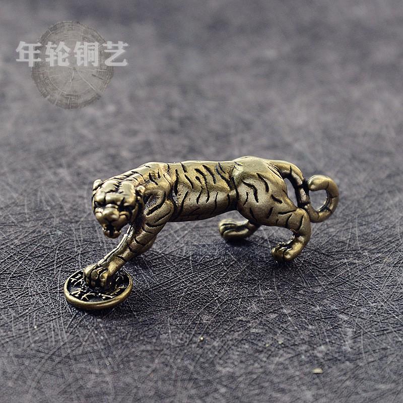 Solid Brass Lucky Tiger Keychain With Coin-Stepping Design Zodiac Animal Charm Pendant