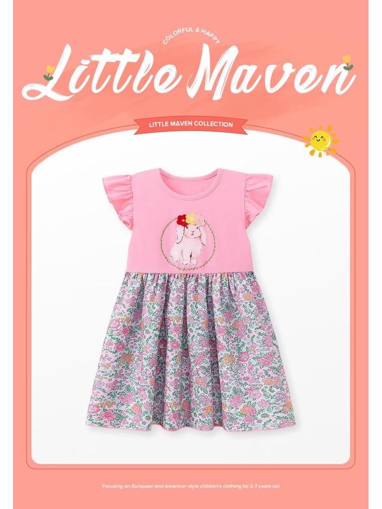 Little Maven Summer Floral Cartoon Dress - Short Sleeve, Breathable Children's Skirt