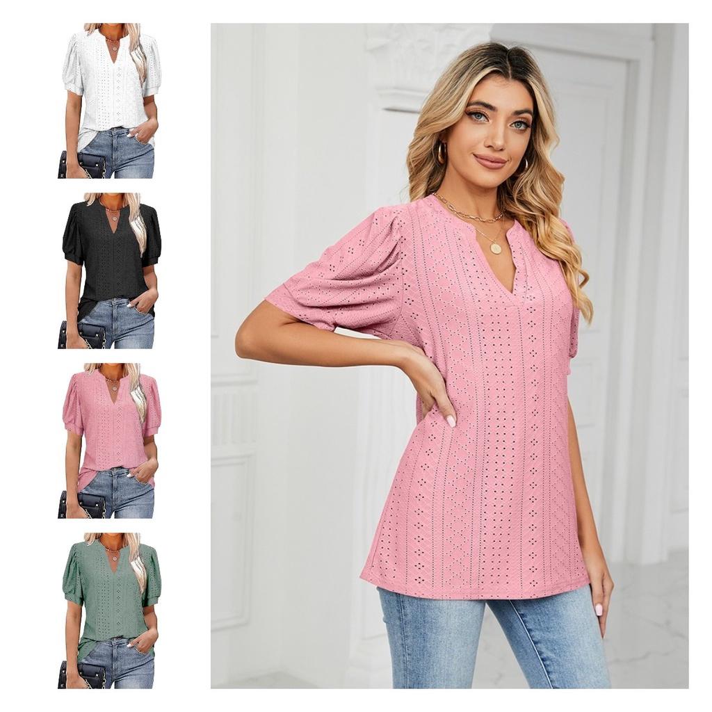Women's V-neck Tops Short Sleeve T-shirts With Cut Out Lace Detail