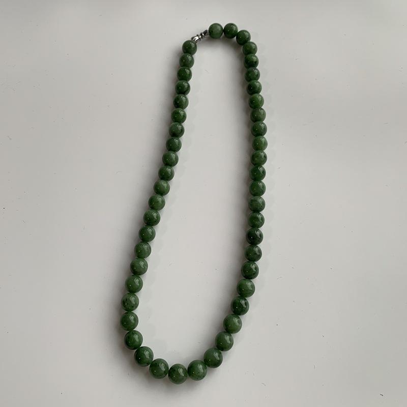 Natural Hetian Jade Jasper Necklace with Round Beads in Cabbage Green - 10mm