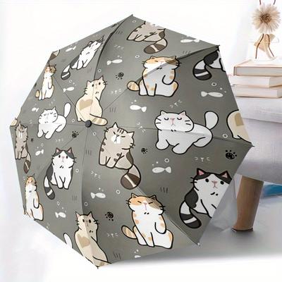 1 Stück automatischer Faltschirm mit Katzen- und Fischmotiv – Leichtes, einziehbares Design mit 8 robusten Streben, perfekt für Outdoor-Abenteuer.