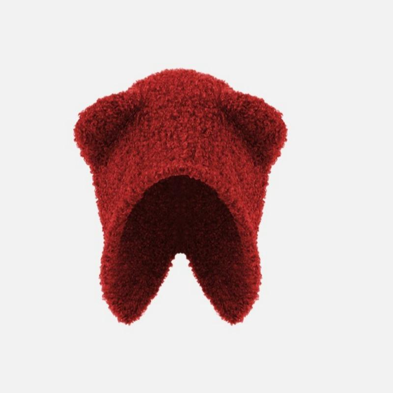 Hip Hop Knitted Warm Hat Winter Black White Grey Red Warm Hats Bear Ear Thermal Cap Cold Outdoor Soft Woolen Skullies Beanies