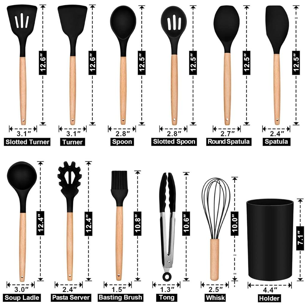 780g Silicone Kitchen Non-Stick 12-Piece Cookware Set with Wooden Handle Spatula Turner, Barrel Packaging