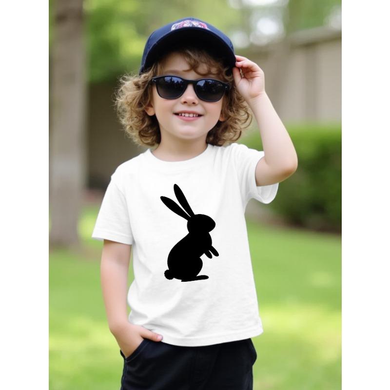 European Size Boys Round-neck Short-sleeved T-shirt with Black Rabbit Pattern Print