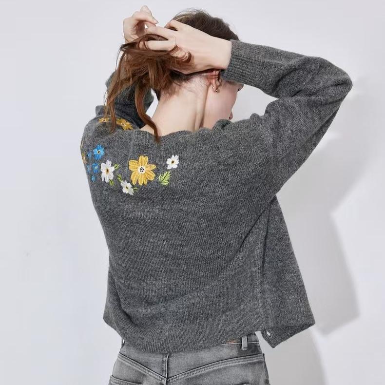 Sweater Cardigan Women's Spring and Autumn Flower-embroidered Knitted Cardigan Casual Loose Sweater Coat Top