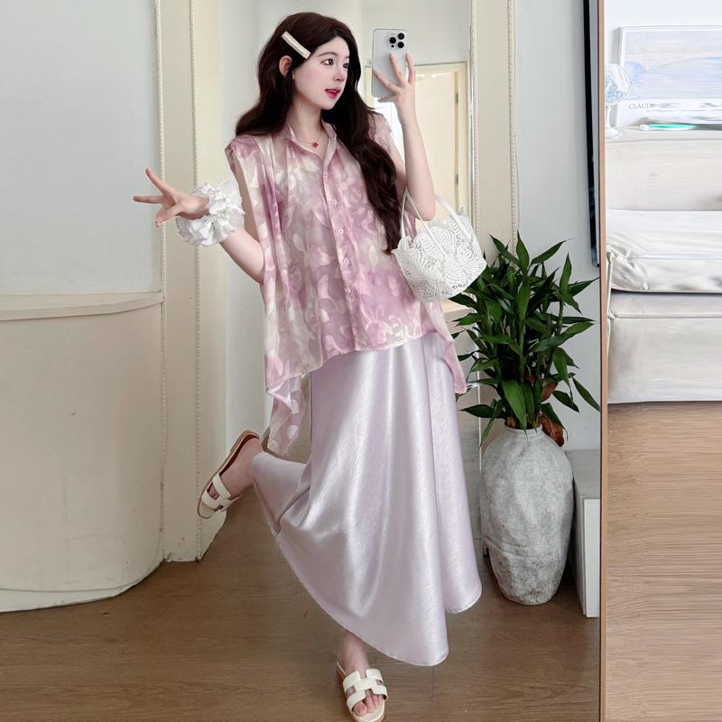 2026 Summer Maternity Chiffon Sun Shirt & Satin Camisole Dress Set M