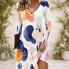 Women Criss Cross V Neck Long Sleeve Abstract Printed Casual Dress Curved Hem