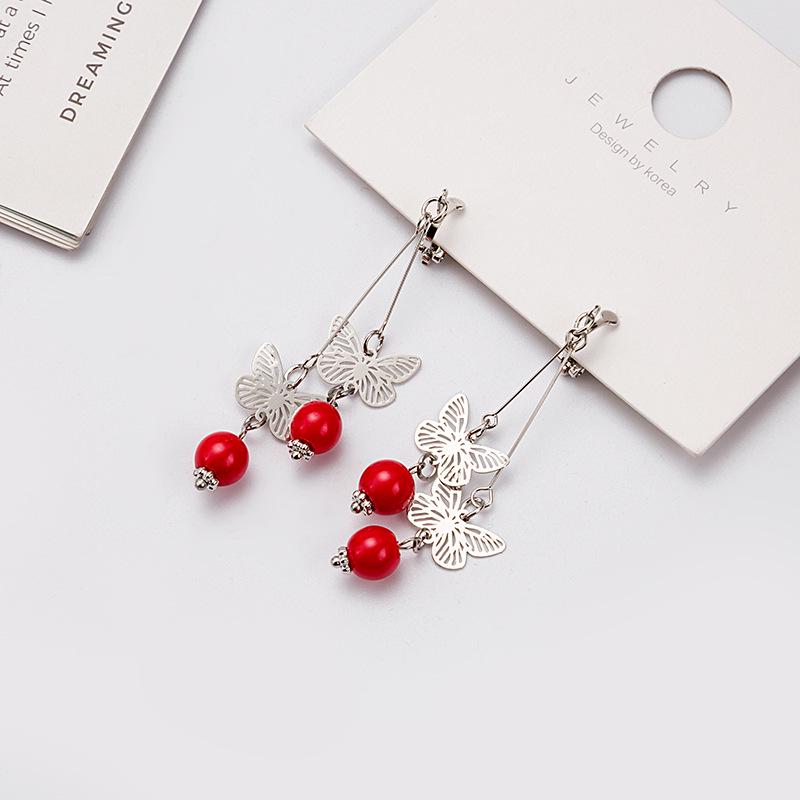 Korean Goddess Butterfly Tassel Clip-On Earrings with Red Pearls
