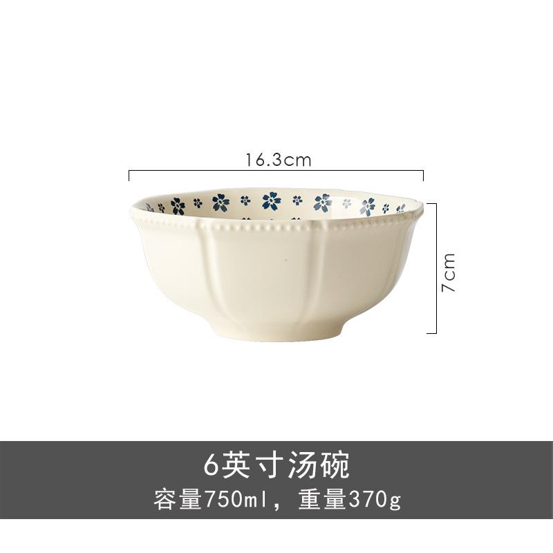 Retro Bead Point Blue Cherry Blossom Ceramic Tableware Small Fresh Household High Value Rice Bowl Vegetable Plate Niche Bowl Set
