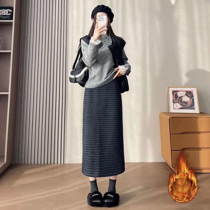 Plaid Woolen High Waist A-Line Skirt with Slit for Women - Autumn/Winter Velvet Lined XS
