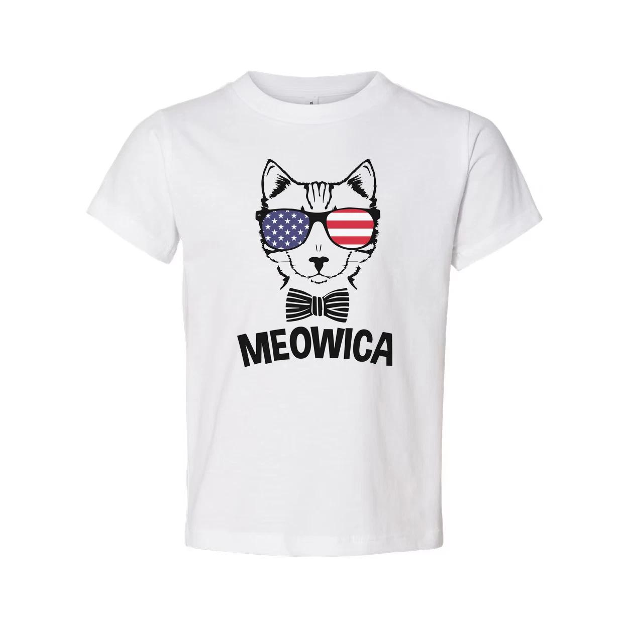 Meowica Cat Graphic T Shirt With American Flag Sunglasses And Bow Tie For USA Pr M