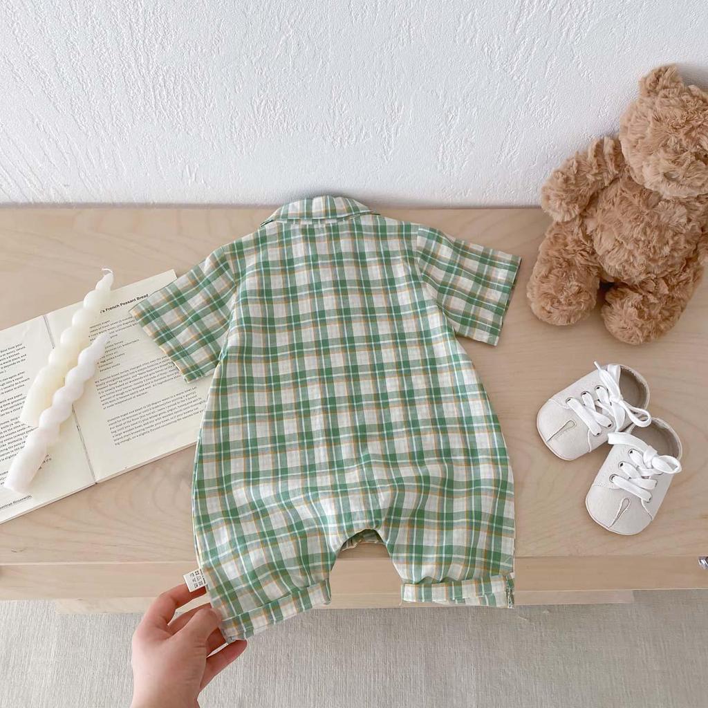 Summer Boys Plaid Short Sleeve Romper - Stylish Korean Style Crawling Suit for Infants