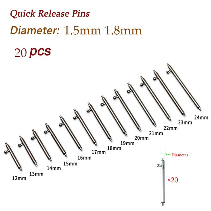 20pcs Full Stainless Steel Spring Bars 12 13 14 15 16 17 18 19 20 21 22 24mm Watch Band Strap Quick Release Link Pin 1.5mm 1.8mm