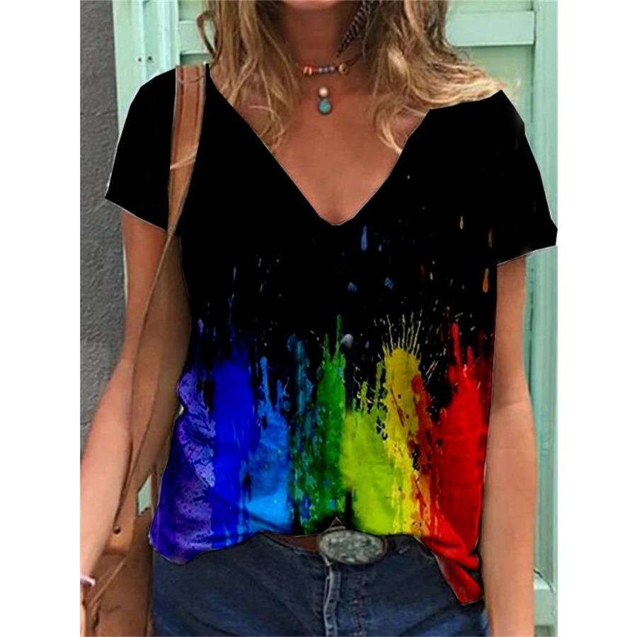 Natural Style Women's T-shirt Rainbow Print Harajuku Shirt Summer Y2k Clothing Girls Oversized Fashion Short Sleeve Sweatshirt