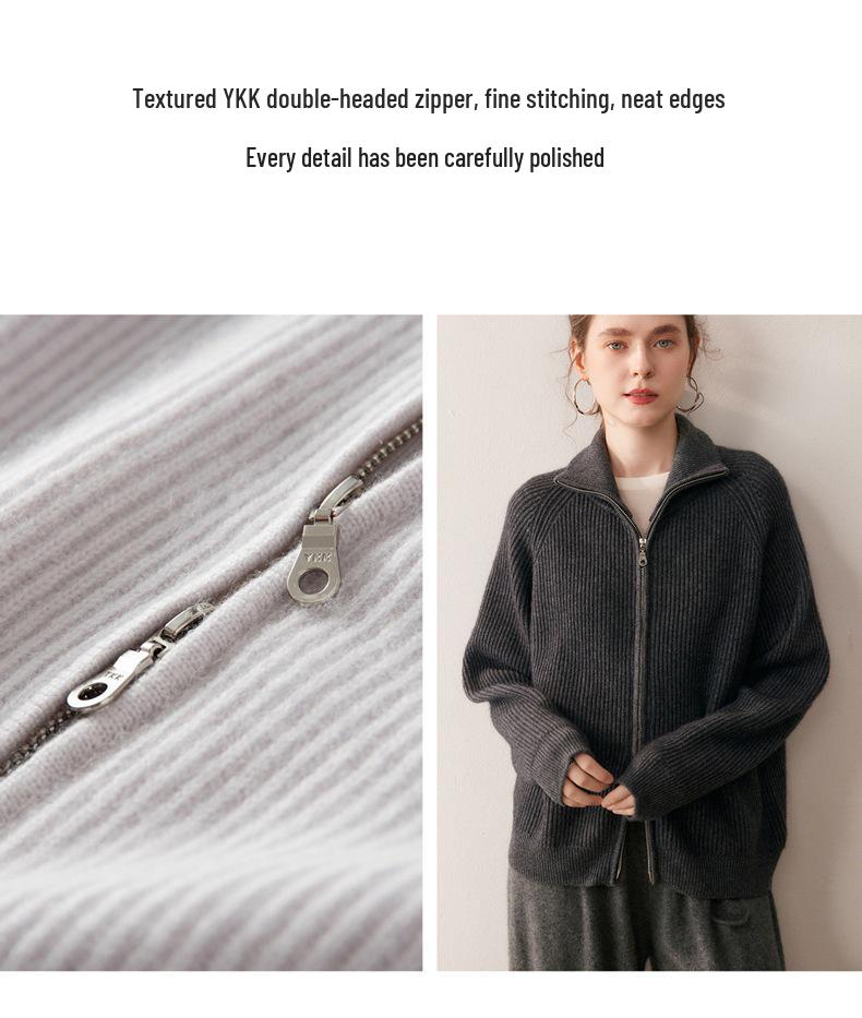 2025 Autumn/Winter Thick Double Zipper Cashmere Knit Cardigan for Women - High Collar Ribbed Long Sleeve Outerwear