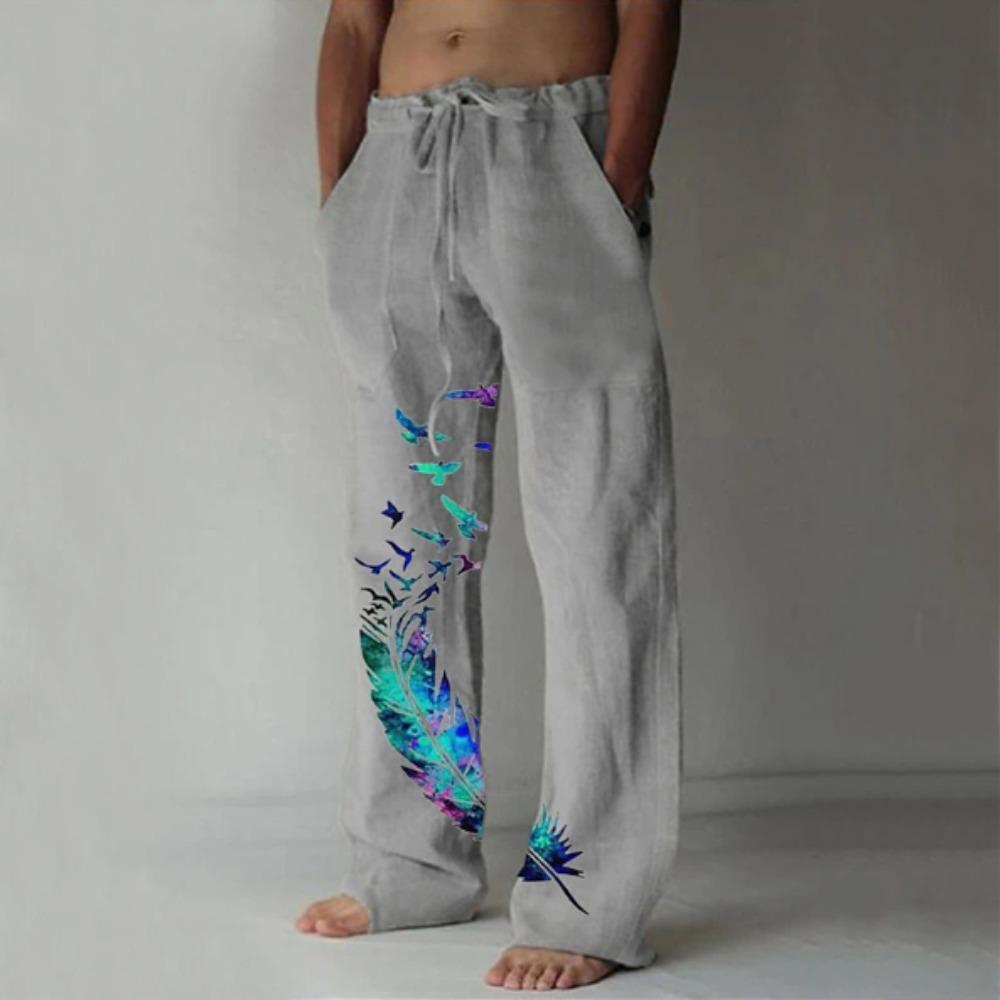 Men's 3D Feather Pattern Printed Baggy Casual Trousers,  Elastic Drawstring Waist with Pockets, for Spring Summer Home Outdoor Vacation