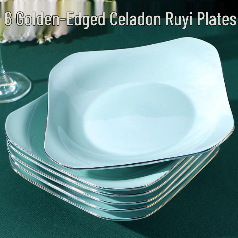 Gold Rim Celadon Square Plate - Light Luxury Ceramic Tableware Set