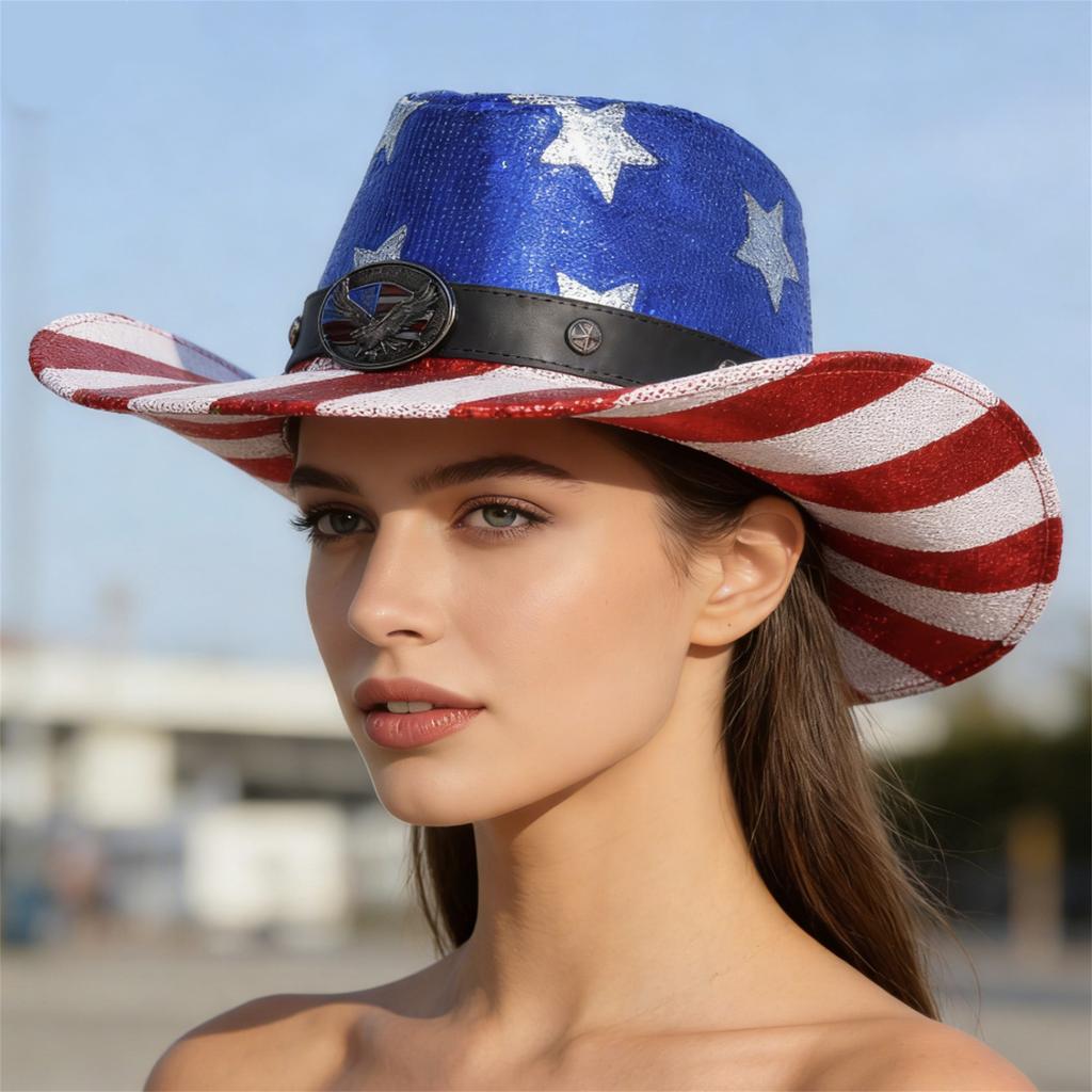 Fashionable Cowboy Hat with American Flag Design and Sequin Stars - Perfect for Parties Events and Everyday Wear for Men and