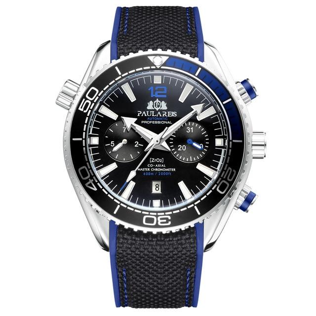 PAULAREIS Masculino Automático Auto Vento Mecânico Pulseira de Borracha de Lona Laranja Azul Vermelho Multifuncional Data Mês Relógio