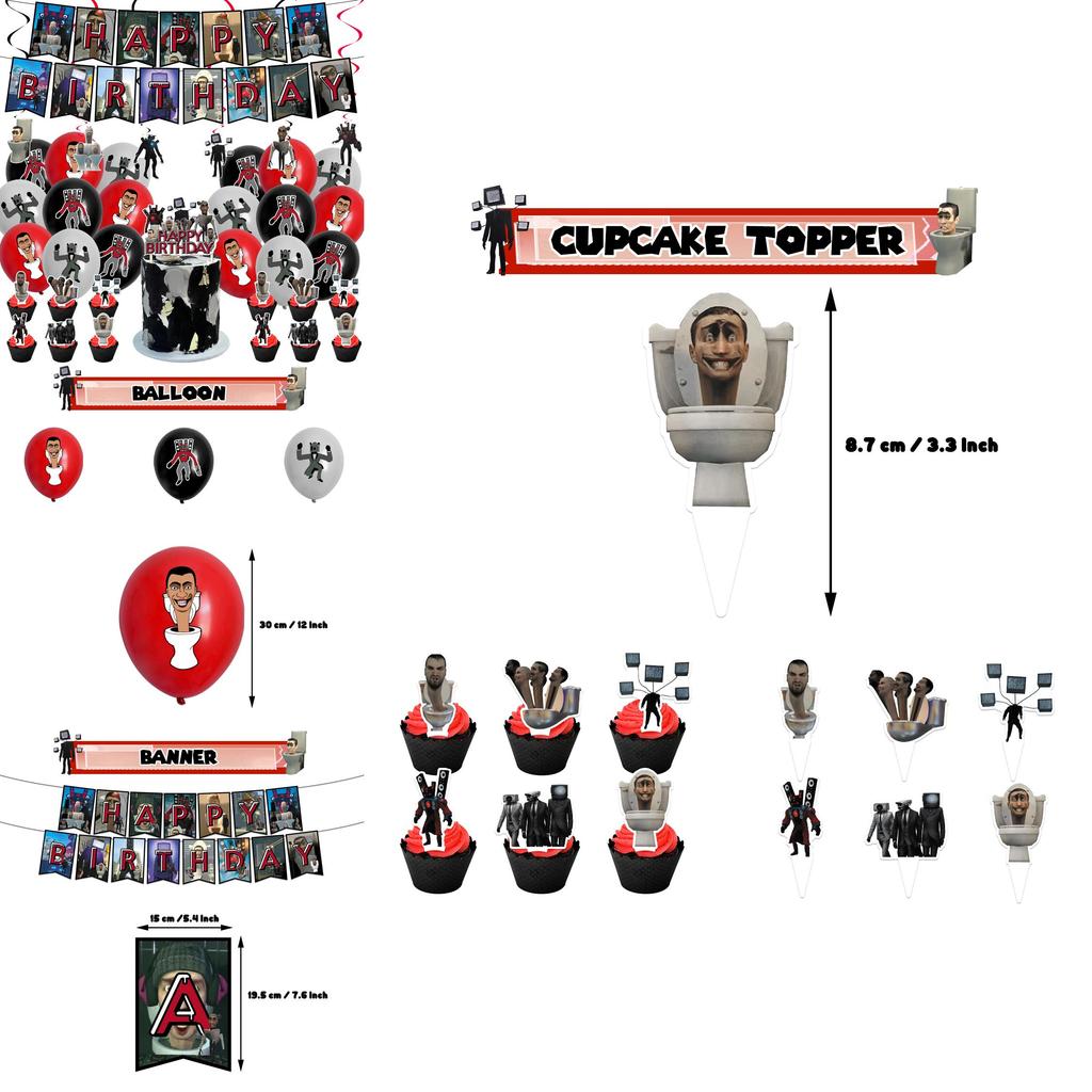 Skibidi Toilet Theme Birthday Party Decoration Kit Monster Birthday Cake Topper Paper Flag Balloons And More!