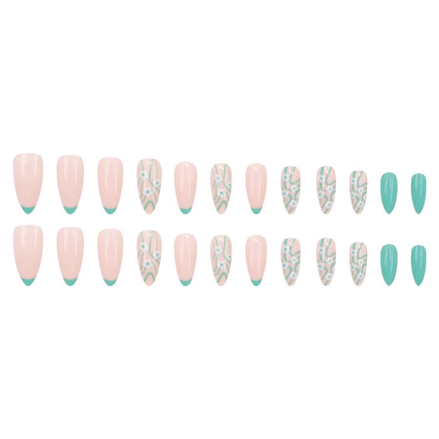 Summer Fresh Light Green Floral French Girly Almond Nail Art Tips