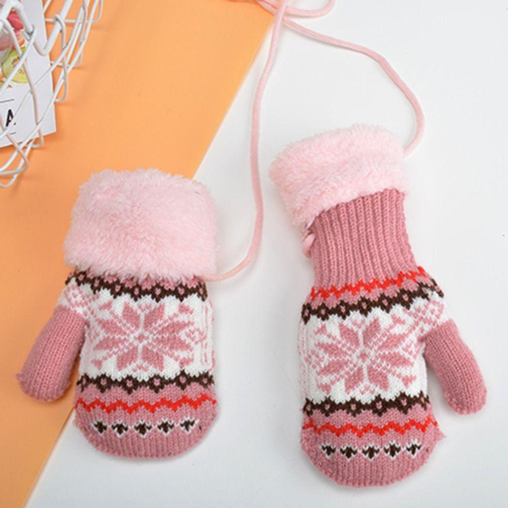 Coldproof Knitted Yarn Winter Gloves Full Finger Thickened Warm Children Mittens With Halter Gloves 3-6 Years Old