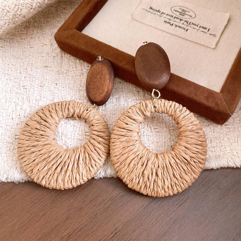 Boho Retro Strohgewebte Holzohrringe - Trendiger, Personalisierter Resort-Style Schmuck für Damen