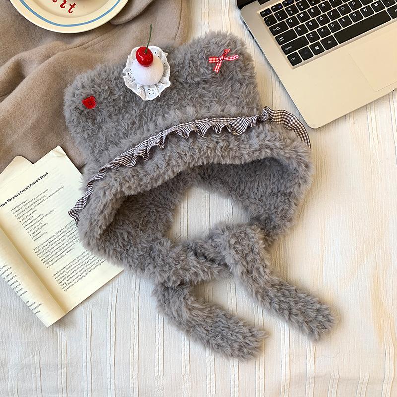 Cute Cherry Bear Plush Hat Women's Winter Thickened Warm Baotou Ear Protector Hairy Riding Lei Feng Hat