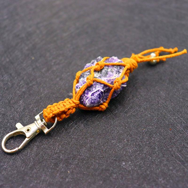 1Pc Hang Bag Vintage Style Car Hanging Fashion Crystal Tassel Keychain INS Pendant Mesh Bag Weaving Natural Crystal