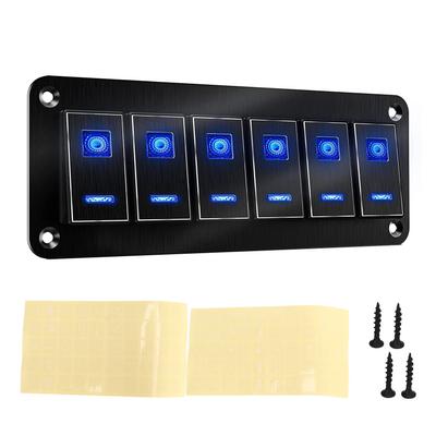 6 Gang Rocker Switch Panel Waterproof Blue Backlit Aluminum Alloy Anodize Black for Car Truck RV Boat DC12V‑24V