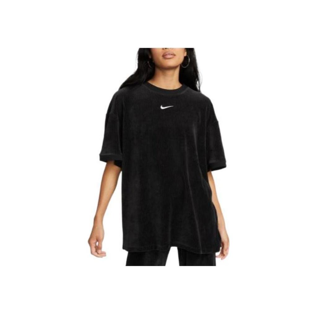 Nike American Vintage Solid Color Brand Logo Embroidered Print Corduroy Short Sleeve T-Shirt Women Tops Black DQ5946-010
