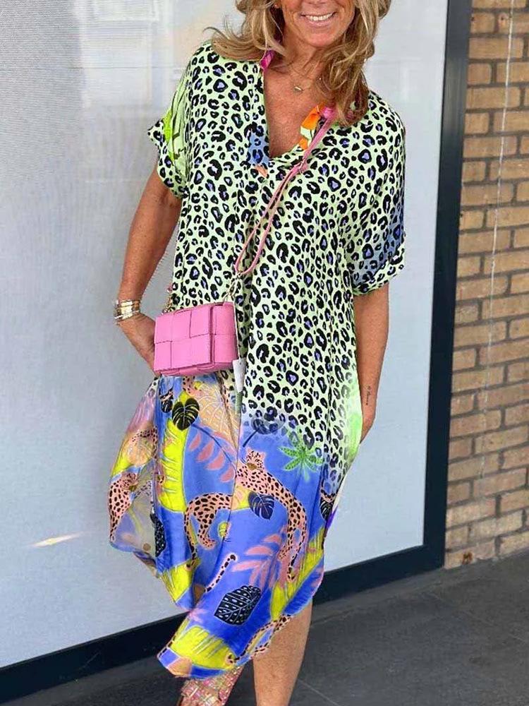 

2026 Summer New Fashion Printed Loose Dress for Women with Half-open Neck M зелений