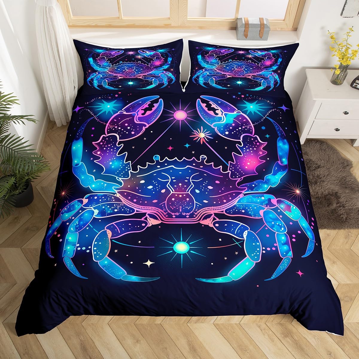 

Gemini Duvet Cover KingBoho Starry Constellations Astrology Zodiac Comforter Cover Mandala Flower Neon Blue Glitter Bedding Set EU Single(135x200cm)