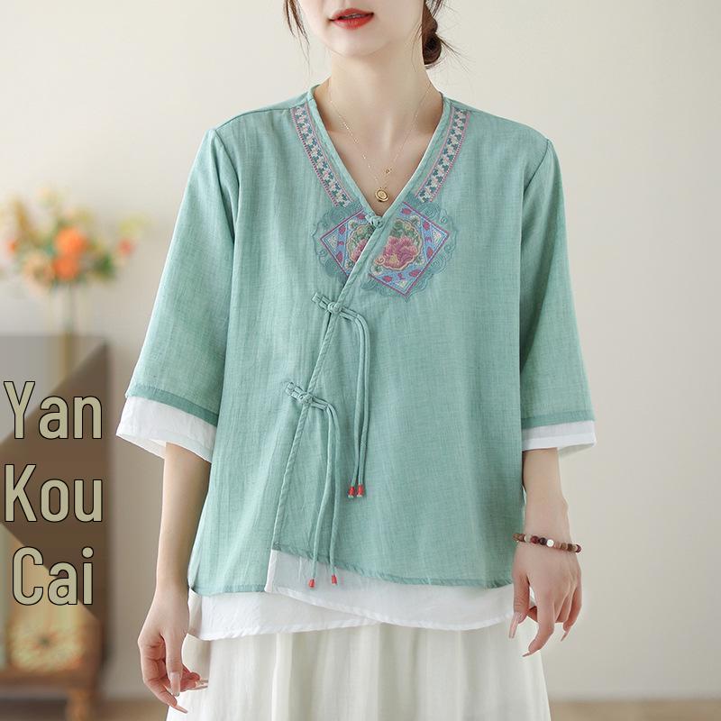 Summer Retro V-Neck Asymmetric Frog Button Cotton Linen Women s Top Medium