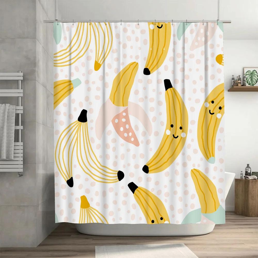 Happy Bananas Shower Curtain Waterproof Fabric Bathroom Decor for Kids Room Yellow Cartoon Fruit Print Design