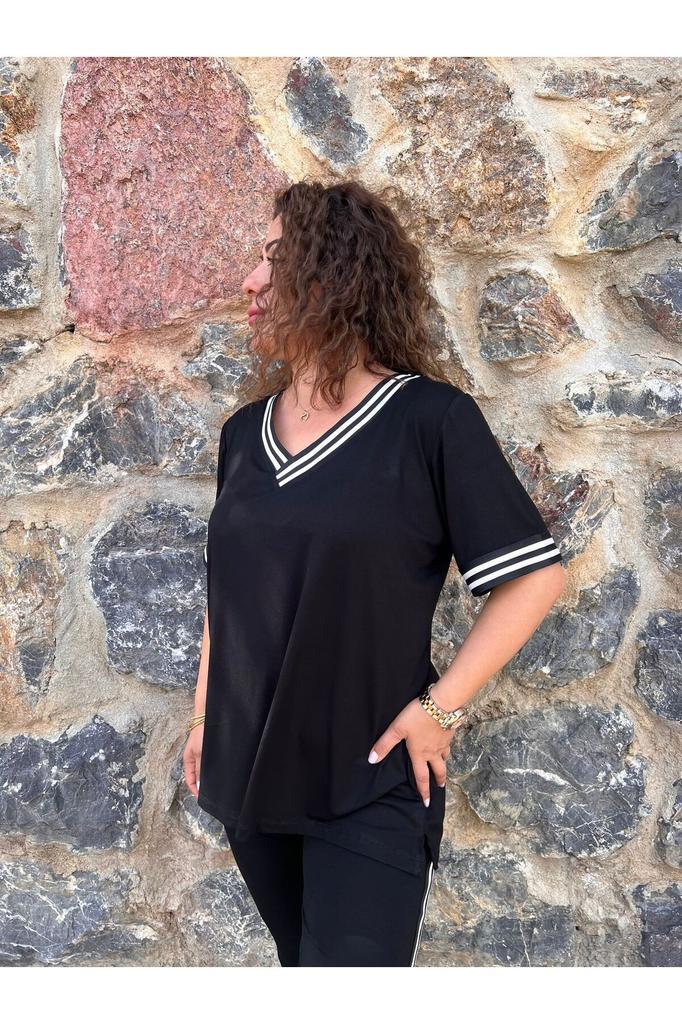 Stil Femei Mărime Mare Echipă Sub-Superior Gât în V Dungi Colanți-Bluză Set Mărime Plus