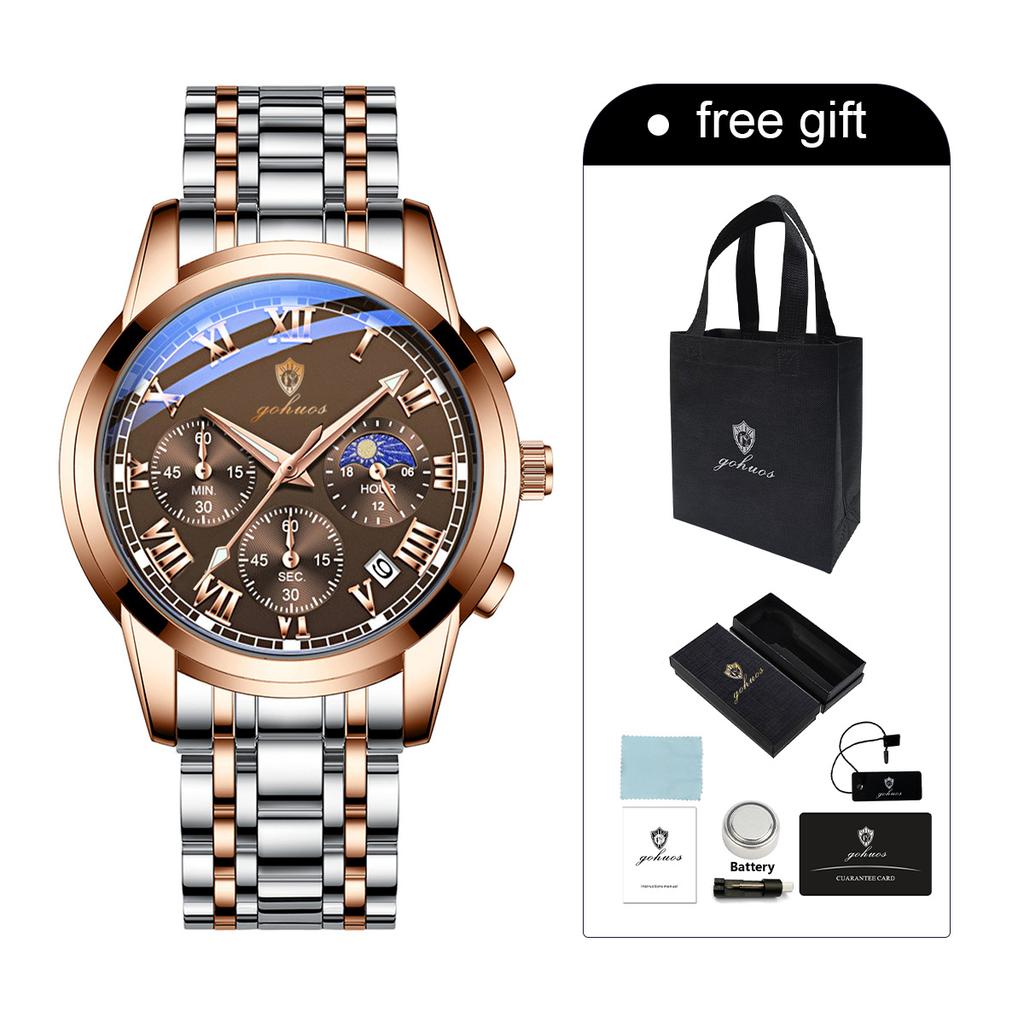 Gohuos 9801 Fashion Men Luxury Watches Business Stainless Leather Quartz Date Watch Gifts for Male Wristwatch Relogio Masculino