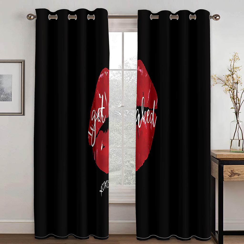 Sexy Red Lips Rainbow Abstract Art Mouth Girl Light Filtering Drapes Window Curtains for Living Room Bedroom 2 Pieces Decor