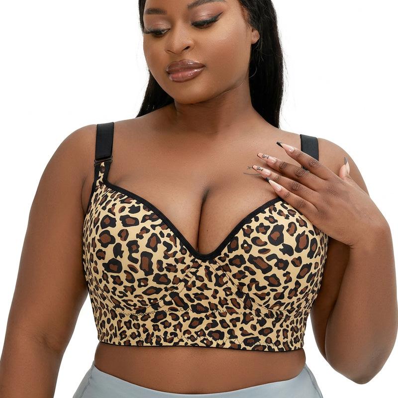 European Plus Size Leopard Print Adjustable Tank Style Full Cup Bra for Women