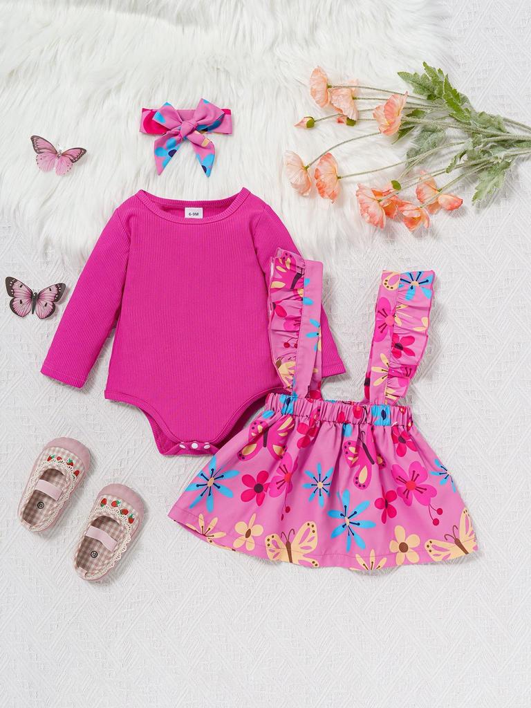 European & American Pastoral Style Infant Romper 3-Piece Set: Bow Floral Suspender Skirt